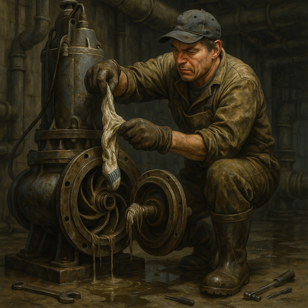 Mechanik wyciągający skarpetę z wirnika pompy ściekowej w przemysłowej pompowni.