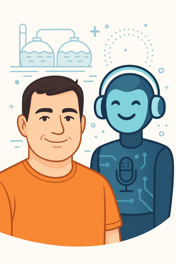 Nowoczesna ilustracja cyfrowa przedstawiająca duet twórców bloga Wastewater Tales: autora bloga w pomarańczowej koszulce oraz robota-asystenta AI o imieniu Echo z mikrofonem na klatce piersiowej. Styl flat, jasne kolory i symbolika oczyszczalni ścieków w tle.