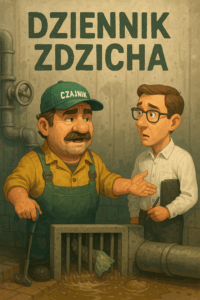 Zdzichu, operator oczyszczalni, tłumaczy działanie kraty ściekowej zdziwionemu inspektorowi z miasta.