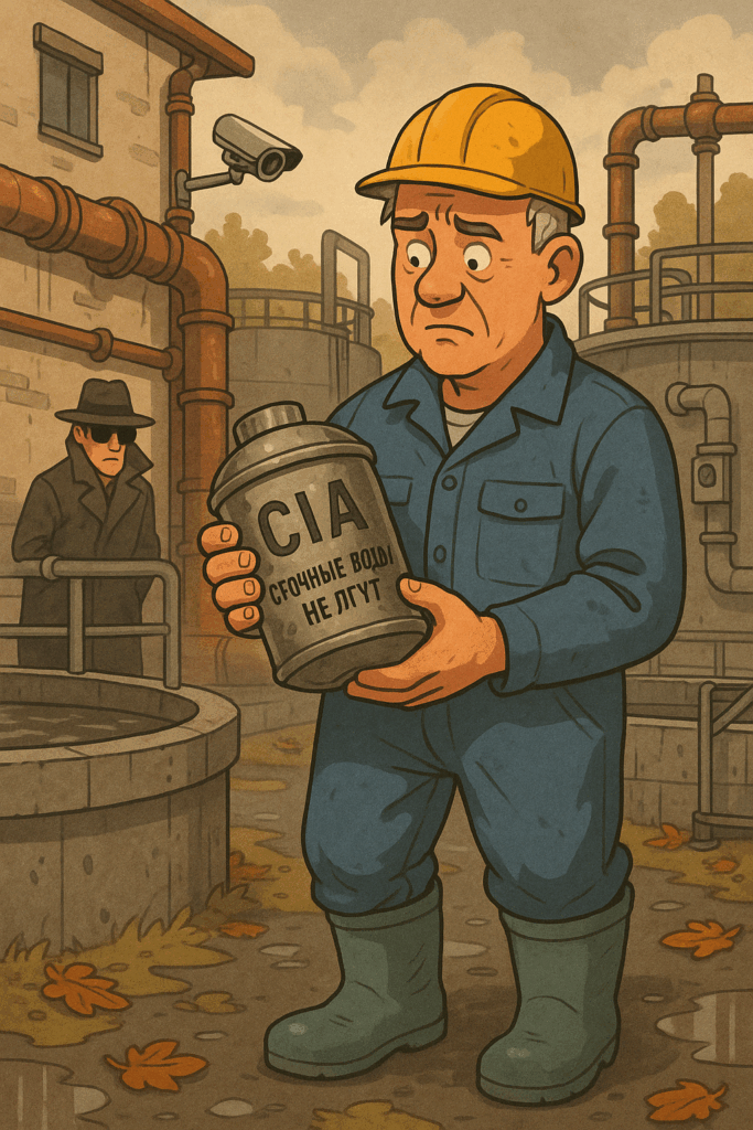Operator oczyszczalni trzyma metalową kapsułę z napisem CIA, z tyłu widać szpiega w płaszczu i system rur – ilustracja humorystyczna