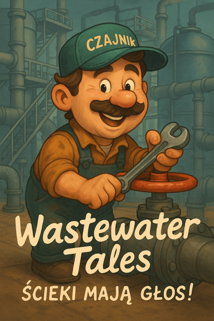 Zdzichu, uśmiechnięty operator oczyszczalni ścieków, majstruje przy czerwonym zaworze, w tle rury i zbiorniki przemysłowe oraz slogan bloga Wastewater Tales: Ścieki mają głos. - Oczyszczanie ścieków, Historie z oczyszczalni