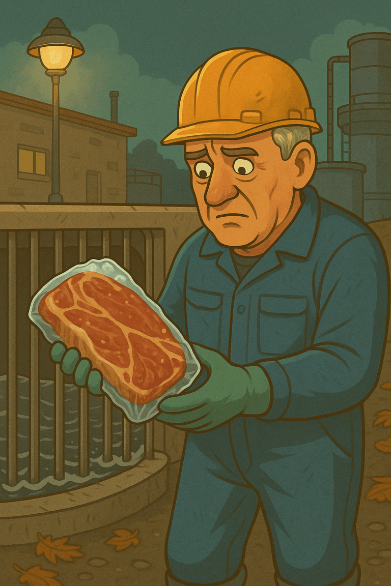 Ilustracja przedstawiająca zamarzniętą paczkę mięsa w kratowni oczyszczalni ścieków – ściekowy kryminał w stylu Wastewater Tales