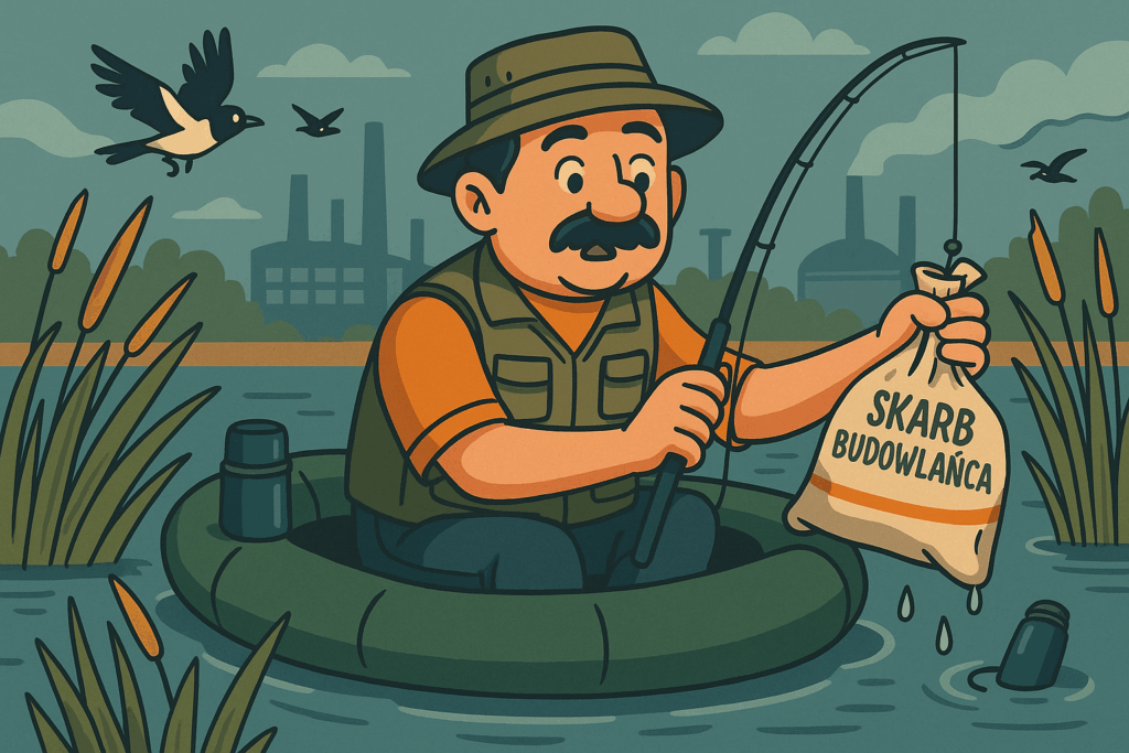 Zdzichu łowiący ryby z pontonu – humorystyczna ilustracja w stylu kreskówkowym