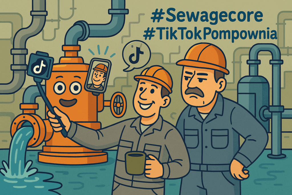 Operator kanalizacji znajduje w sieci tajemniczy worek – ilustracja w stylu kreskówkowym