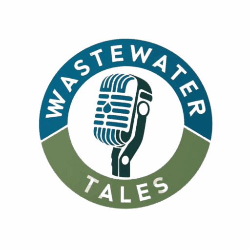 Logo Wastewater Tales – mikrofon retro w okręgu, górna część niebieska z napisem "Wastewater", dolna zielona z napisem "Tales".