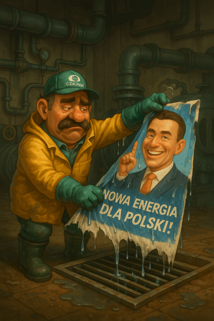 Starszy kandydat na prezydenta na plakacie, który utknął w głównej przepompowni ściekowej – humorystyczna ilustracja