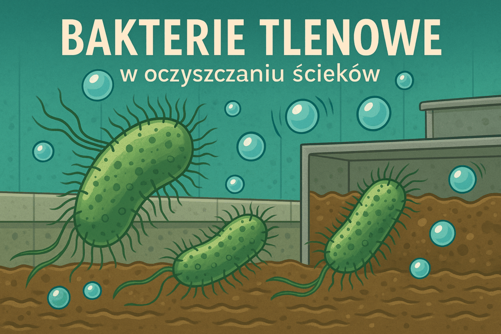 Infografika w stylu edukacyjnym przedstawiająca bakterie tlenowe w komorze osadu czynnego. Widzimy bąbelki tlenu, strumień ścieków i opisane elementy: temperatura, pH, tlen, komora biologiczna.