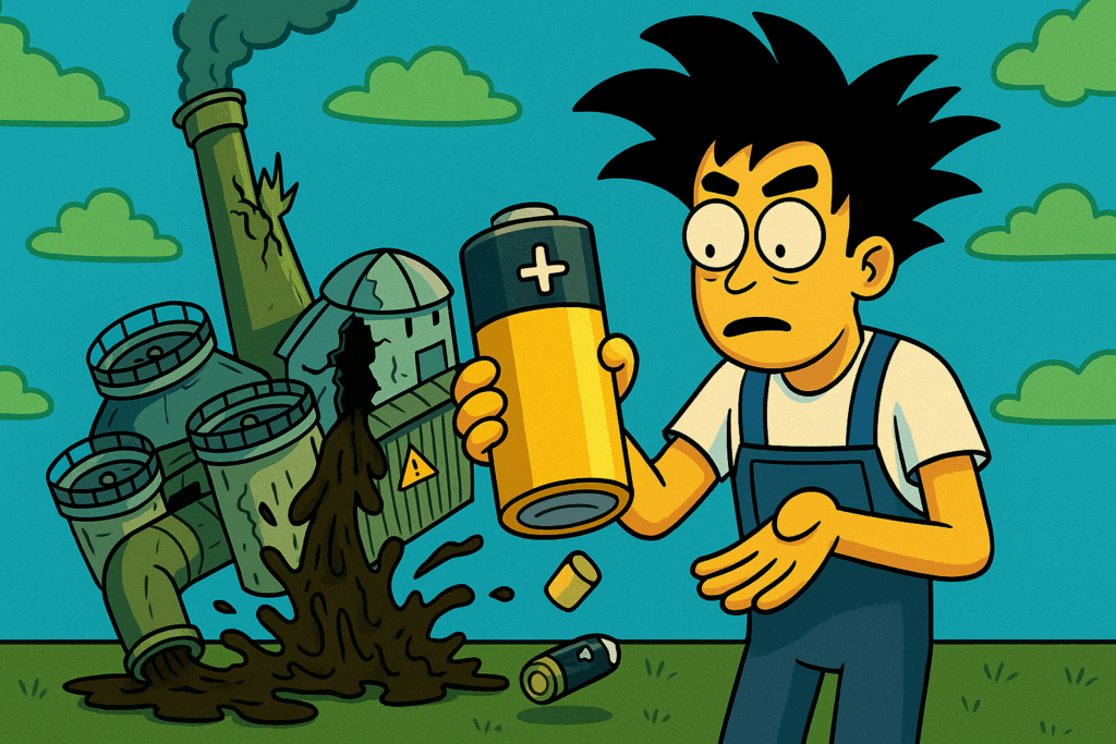 Kreskówkowa ilustracja w stylu Rick and Morty przedstawiająca mężczyznę o fryzurze jak Son Goku, wrzucającego baterie do studzienki kanalizacyjnej. W tle oczyszczalnia ścieków eksploduje i pada, z wyraźnym przesłaniem: nie wrzucaj toksyn do kanalizacji.