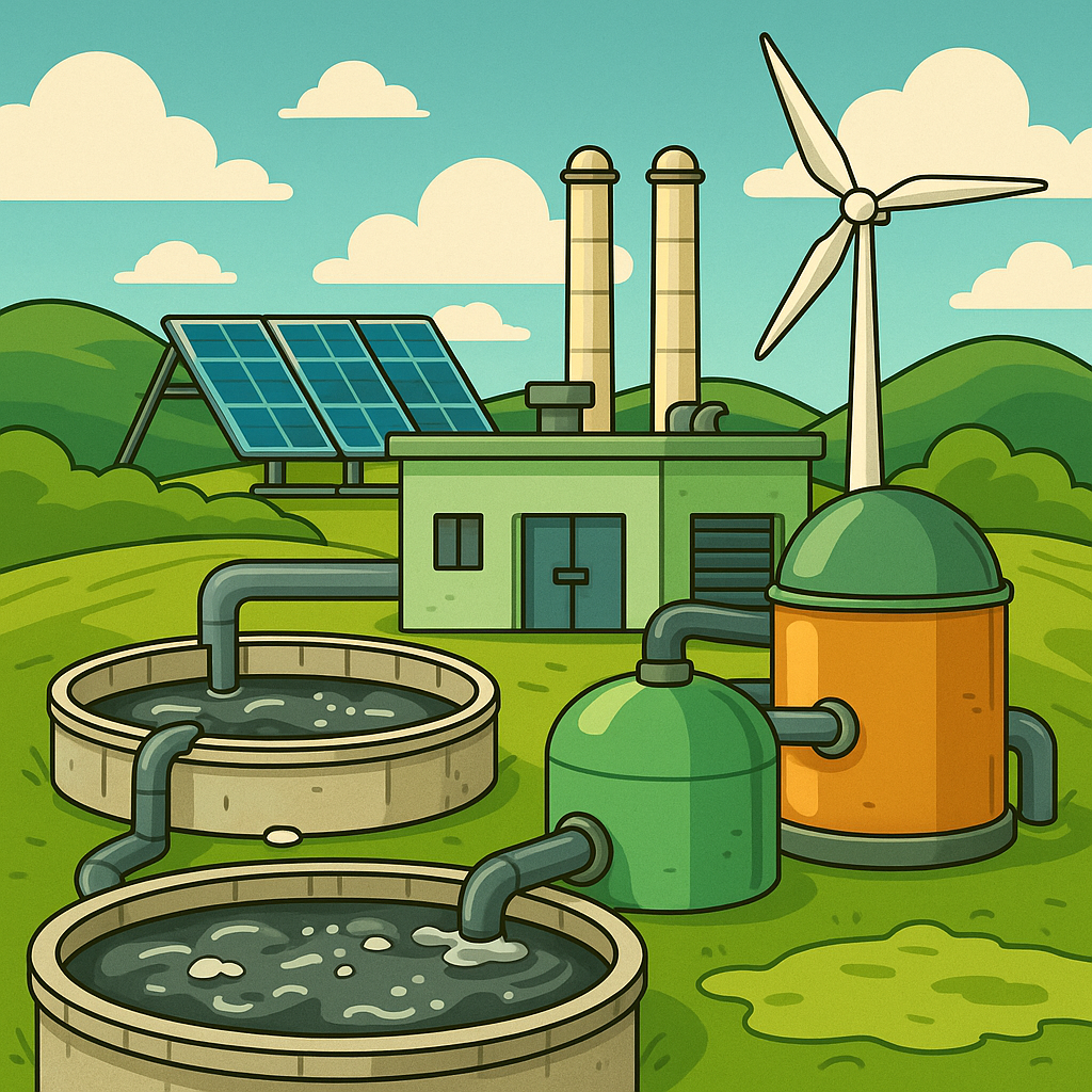 Ilustracja przedstawiająca nowoczesną oczyszczalnię ścieków wykorzystującą odnawialne źródła energii: turbiny wiatrowe, panele fotowoltaiczne, komorę fermentacyjną biogazu i pompy ciepła, w realistycznym stylu technologicznym, bez napisów.