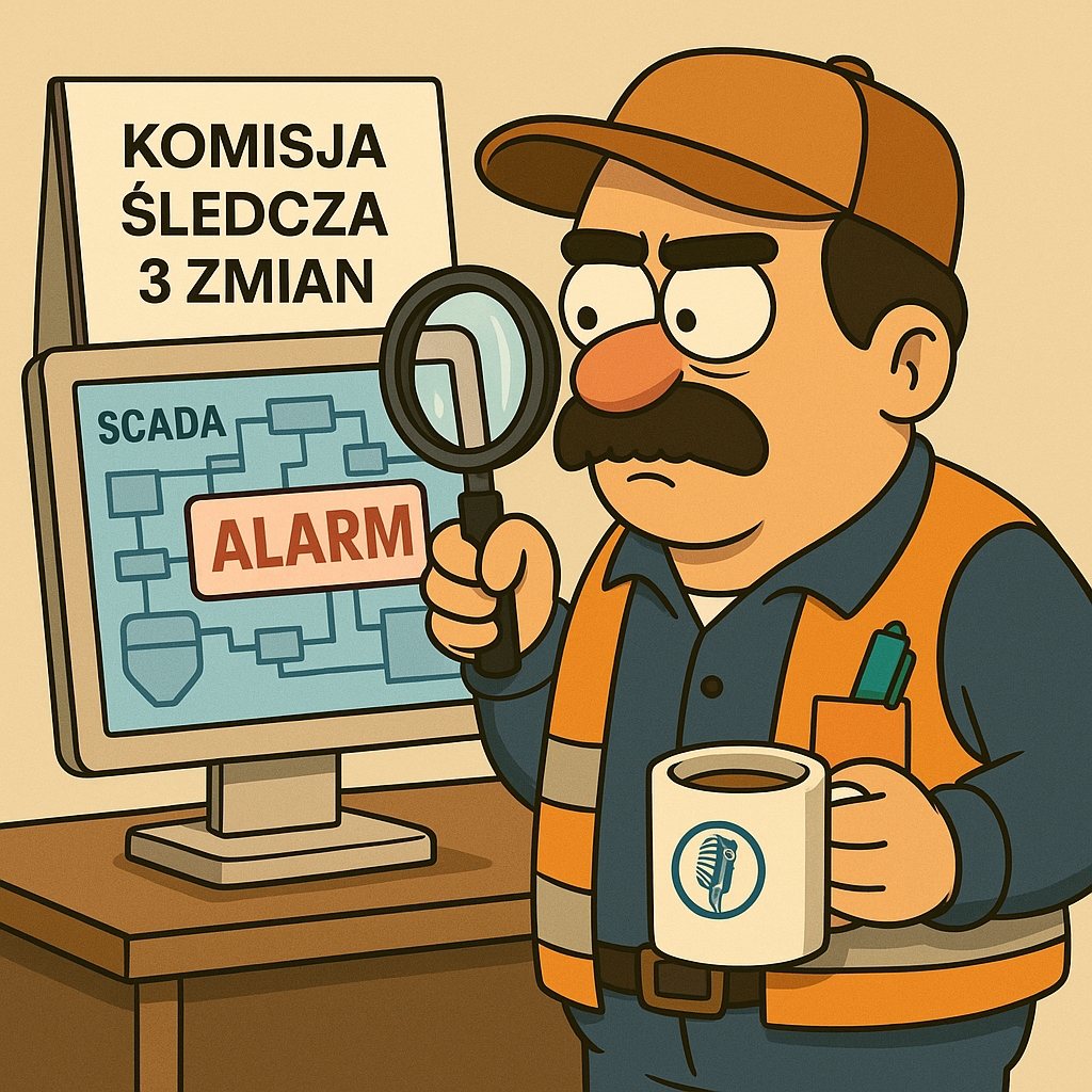Zdzichu z lupą i kubkiem kawy analizuje ekran SCADA, na którym mruga żółty alarm. W tle flipchart z analizą zmian.
