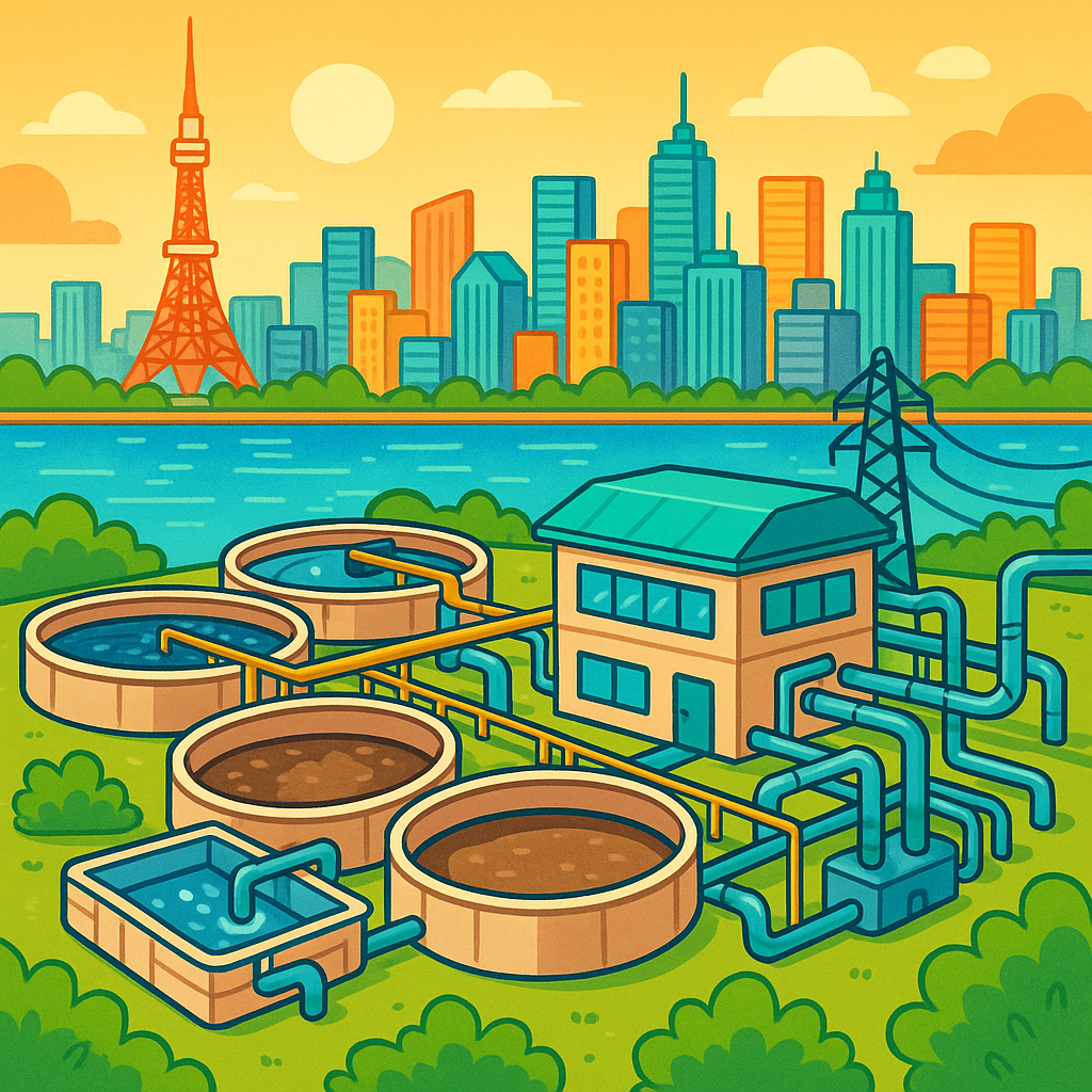 Ilustracja oczyszczalni ścieków z technologią MBR, na tle panoramy Tokio z wieżą Tokyo Tower, styl rysunkowy, jasna kolorystyka