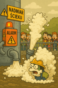 Ilustracja w stylu kreskówkowym: dzieci w kamizelkach stoją obok oczyszczalni ścieków, z której wybija fontanna piany ze zbiornika retencyjnego