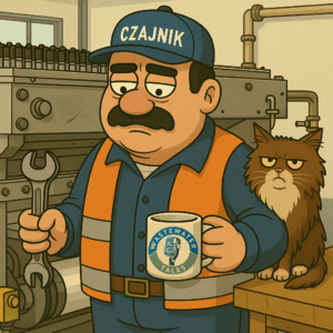 Ilustracja Zdzicha trzymającego kubek z logo Wastewater Tales przy starej prasie Omega, z kotem siedzącym w tle