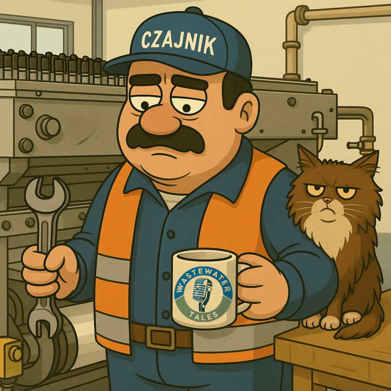 Ilustracja Zdzicha trzymającego kubek z logo Wastewater Tales przy starej prasie Omega, z kotem siedzącym w tle