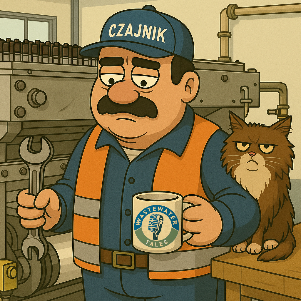 Ilustracja Zdzicha trzymającego kubek z logo Wastewater Tales przy starej prasie Omega, z kotem siedzącym w tle