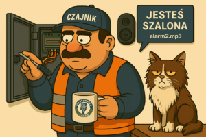 Ilustracja Zdzicha przy panelu sterowniczym z kotem obok, w tle głośnik z napisem „Jesteś szalona”