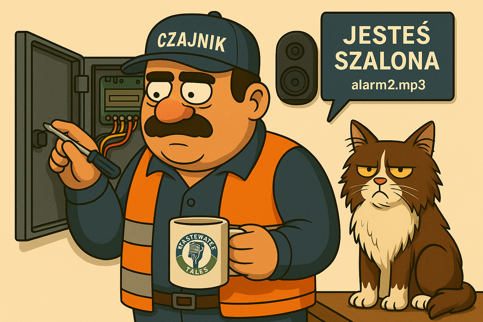 Ilustracja Zdzicha przy panelu sterowniczym z kotem obok, w tle głośnik z napisem „Jesteś szalona”