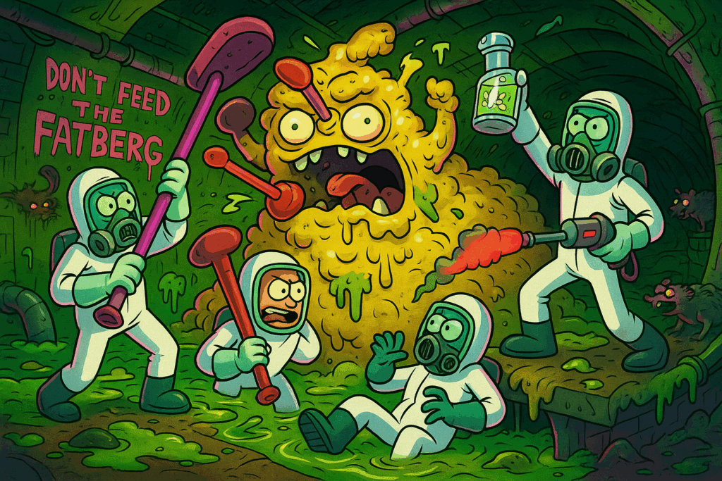 Operatorzy w białych kombinezonach usuwający gigantycznego Fatberga z londyńskiej kanalizacji – ilustracja w stylu Rick and Morty