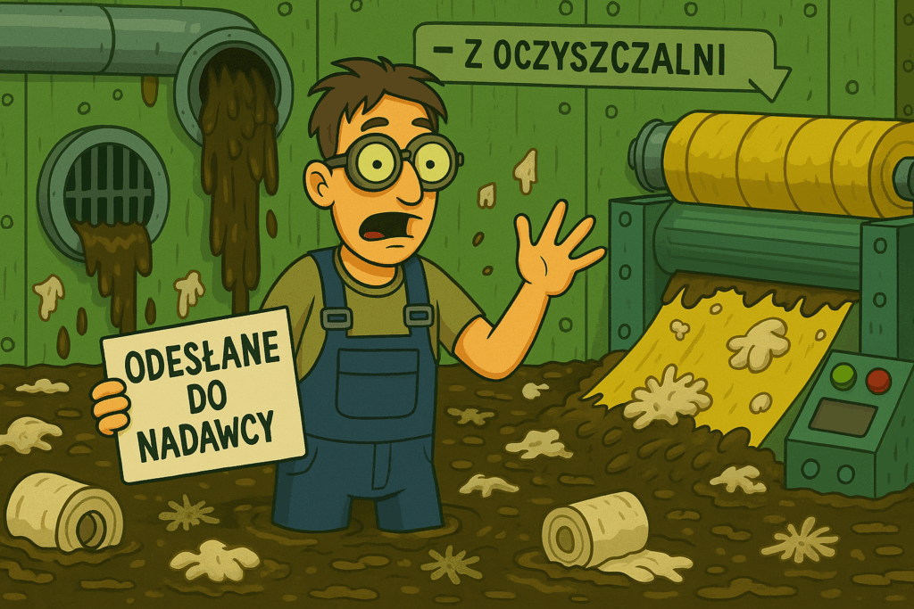 Ilustracja w stylu kreskówkowym przedstawiająca pracownika papierni w granatowych ogrodniczkach, stojącego w rosnącym poziomie ścieków wypływających z kratki ściekowej, z napisem „odesłane do nadawcy :)”. W tle widoczna maszyna papiernicza i przemysłowe rury.