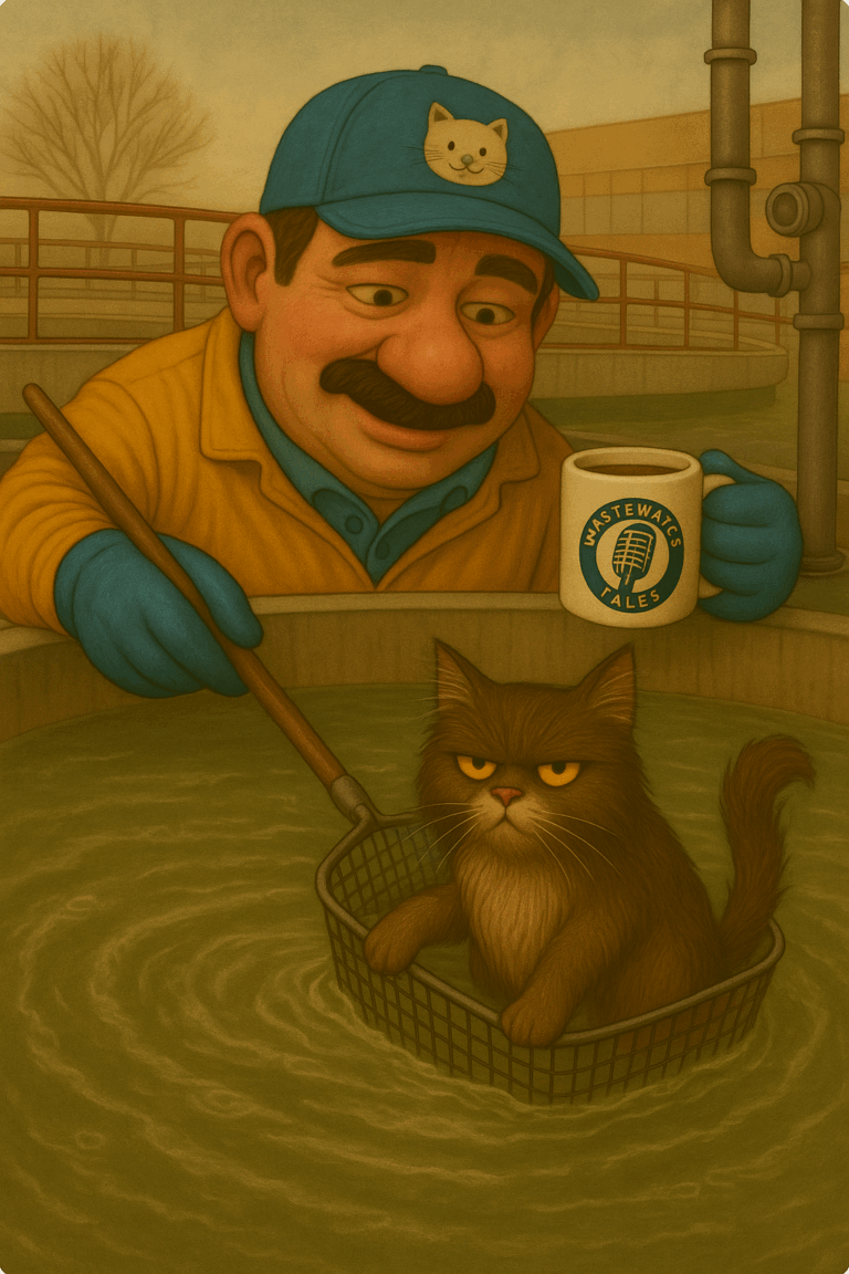 Zdzichu w roboczym stroju wyławia kota z siatką w ręku z osadnika wtórnego; w tle zakład oczyszczania ścieków, na kubku logo Wastewater Tales