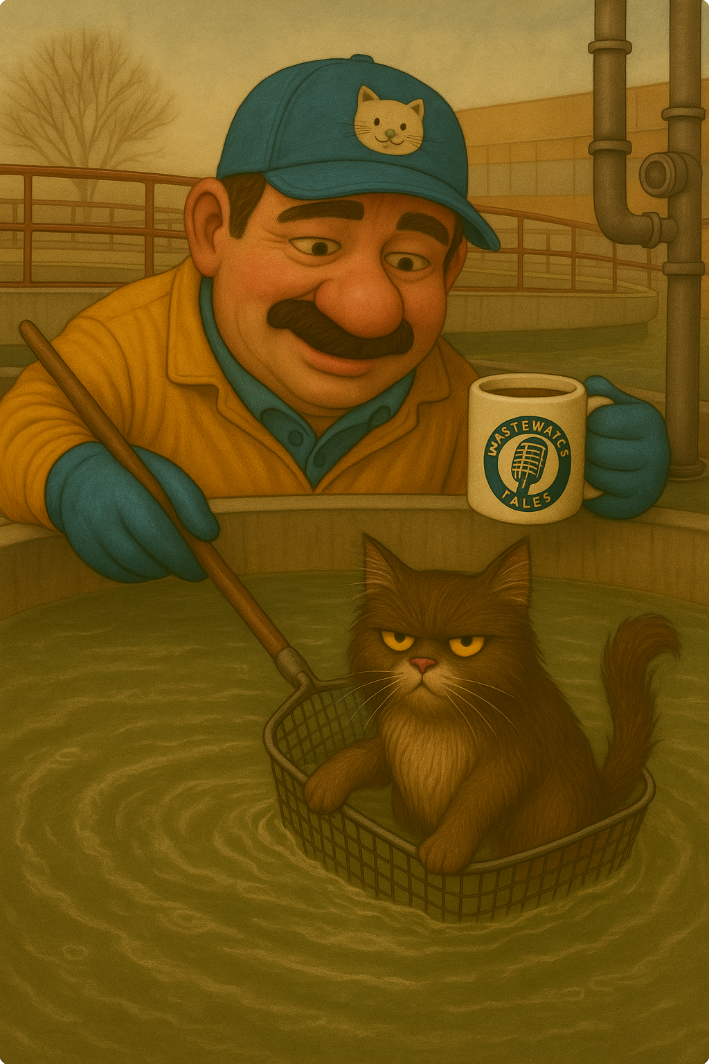 Zdzichu w roboczym stroju wyławia kota z siatką w ręku z osadnika wtórnego; w tle zakład oczyszczania ścieków, na kubku logo Wastewater Tales
