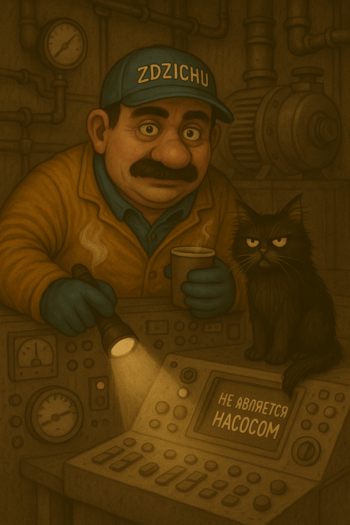 Zdzichu in his work attire and a cap marked "Kettle" listens at a pipe in the dark pumping station, next to him a watchful cat and a control panel