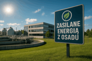 Nowoczesna instalacja pompy ciepła w oczyszczalni ścieków z widocznymi wymiennikami i osadnikiem