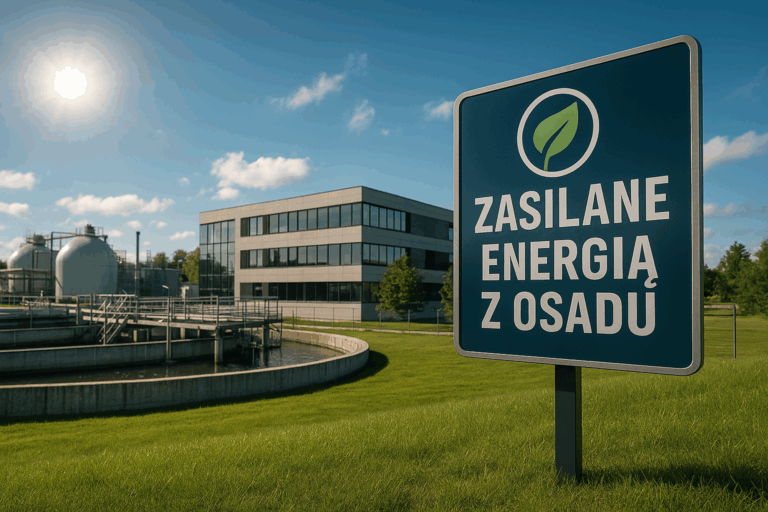 Nowoczesna instalacja pompy ciepła w oczyszczalni ścieków z widocznymi wymiennikami i osadnikiem
