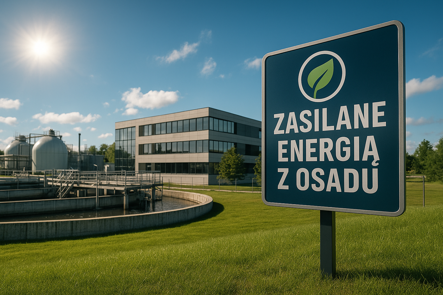 Nowoczesna instalacja pompy ciepła w oczyszczalni ścieków z widocznymi wymiennikami i osadnikiem
