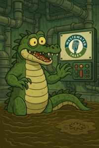 Humorystyczna ilustracja przedstawiająca krokodyla na terenie oczyszczalni ścieków, z widocznym logo Wastewater Tales.