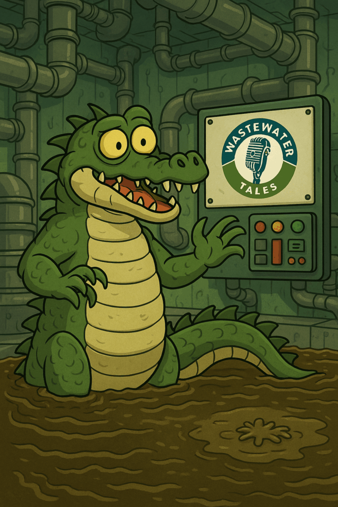 Humorous illustration depicting a crocodile at a wastewater treatment plant, with the Wastewater Tales logo prominently displayed.