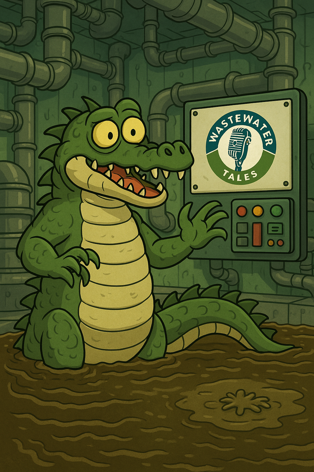 Humorystyczna ilustracja przedstawiająca krokodyla na terenie oczyszczalni ścieków, z widocznym logo Wastewater Tales.