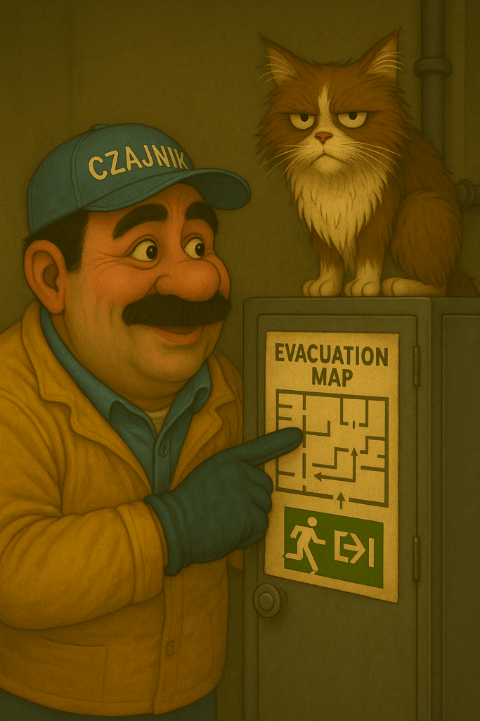 Illustration of Scion in work clothes by an industrial cabinet, with a cat sitting on top and a health and safety inspector with a ruler in the background
