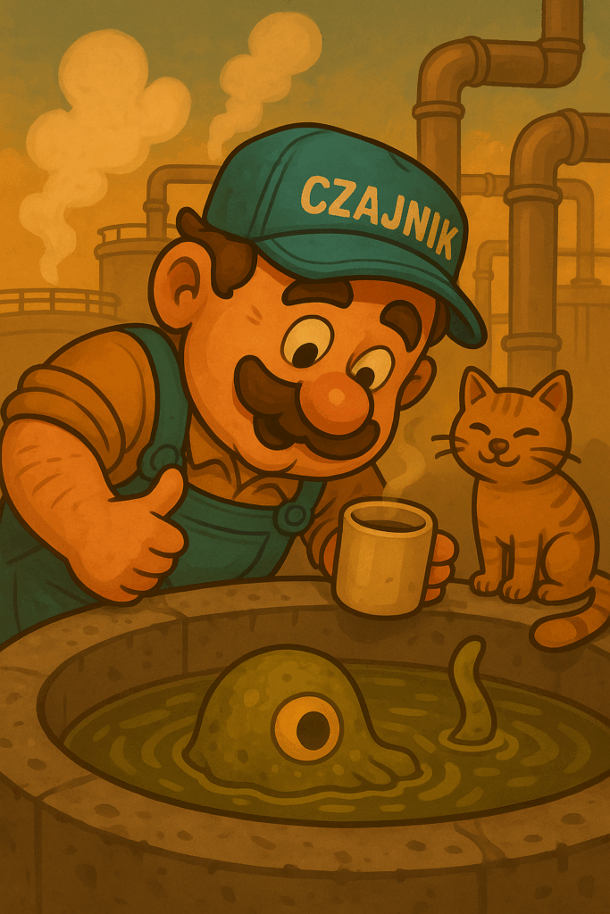 Zdzichu z czapką „Czajnik” pochyla się nad osadnikiem, w którym pływa tajemnicza istota – obok siedzi bury kot. Ilustracja do historii o tajemnicy osadnika.