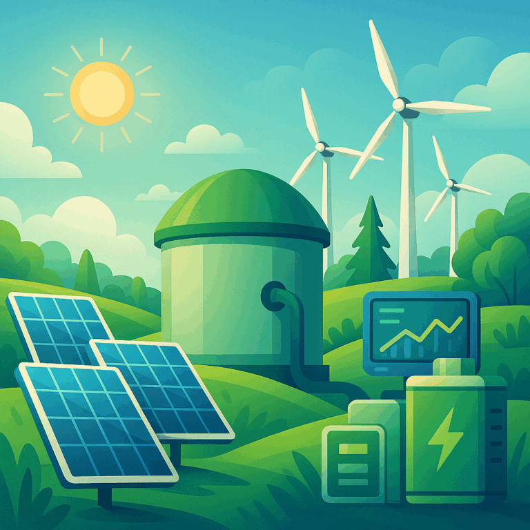 Nowoczesna oczyszczalnia ścieków z panelami fotowoltaicznymi, turbiną wiatrową i zbiornikami fermentacyjnymi – symbol zielonej transformacji energetycznej