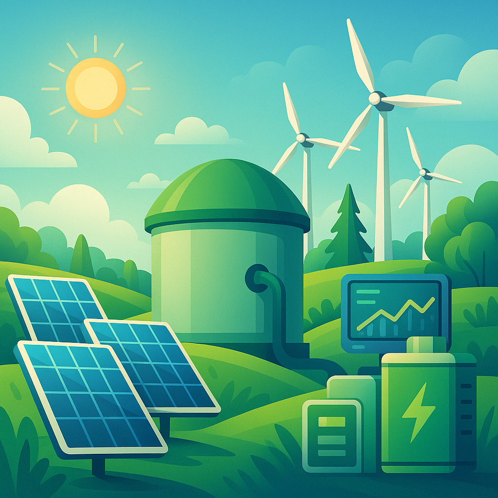 Nowoczesna oczyszczalnia ścieków z panelami fotowoltaicznymi, turbiną wiatrową i zbiornikami fermentacyjnymi – symbol zielonej transformacji energetycznej
