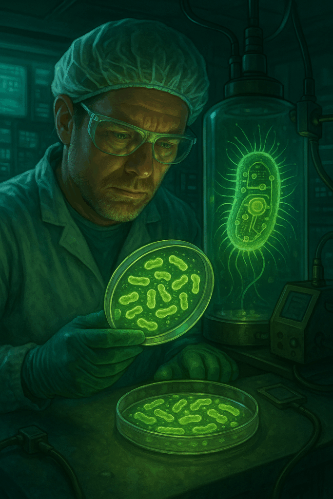 Scientist analyzing green bacterial colonies in a petri dish in a futuristic lab