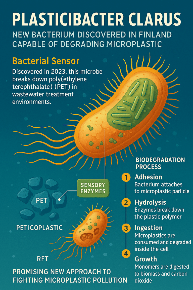 Schematic diagram of the Plasticibacter clarus bacterium degrading microplastics in a wastewater treatment plant