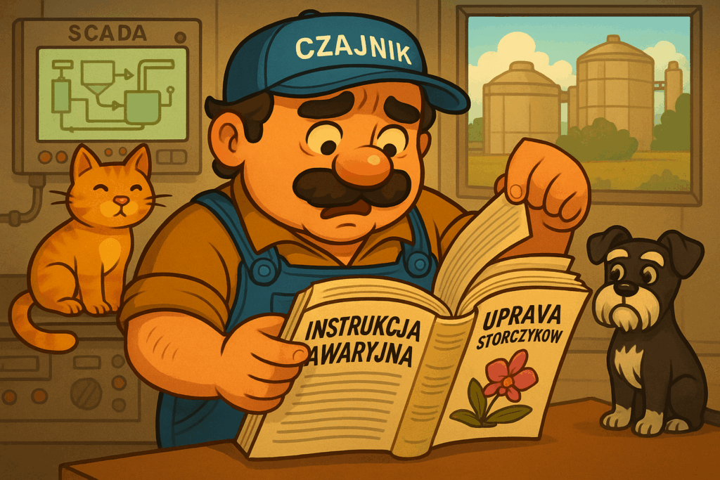 Zdzichu czyta niezrozumiałą instrukcję w sterowni, obok kot na stole i pies pod tablicą ogłoszeń