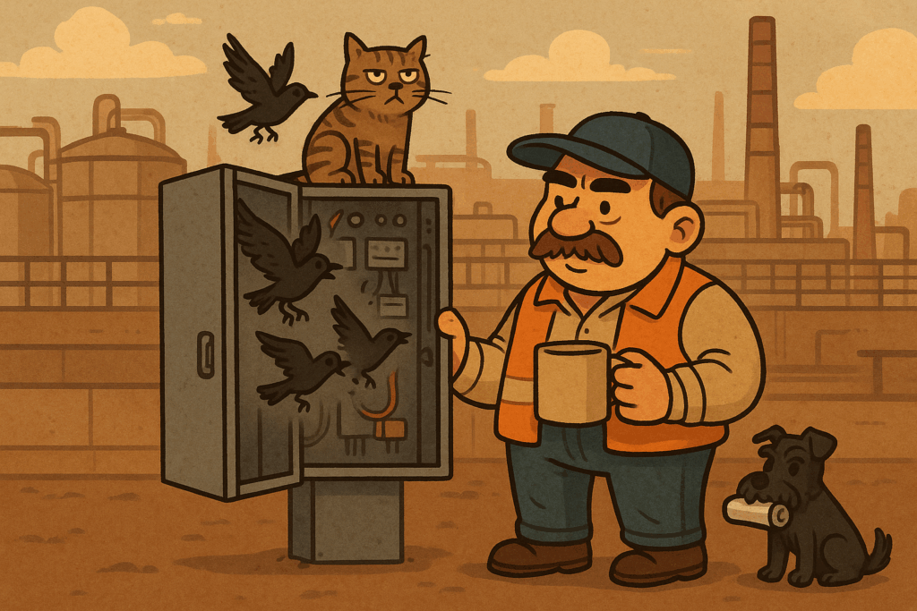 Zdzichu otwiera szafę elektryczną z gniazdem szpaków; obok kot Felek i pies sznaucer miniaturka z tubką po smalcu.