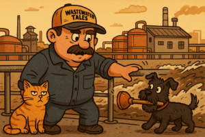 Rysunkowa scena w oczyszczalni: Zdzichu w roboczym ubraniu i czapce „Wastewater Tales”, kot Felek i czarny sznaucer miniaturka z przepychaczem na tle przemysłowych zbiorników.
