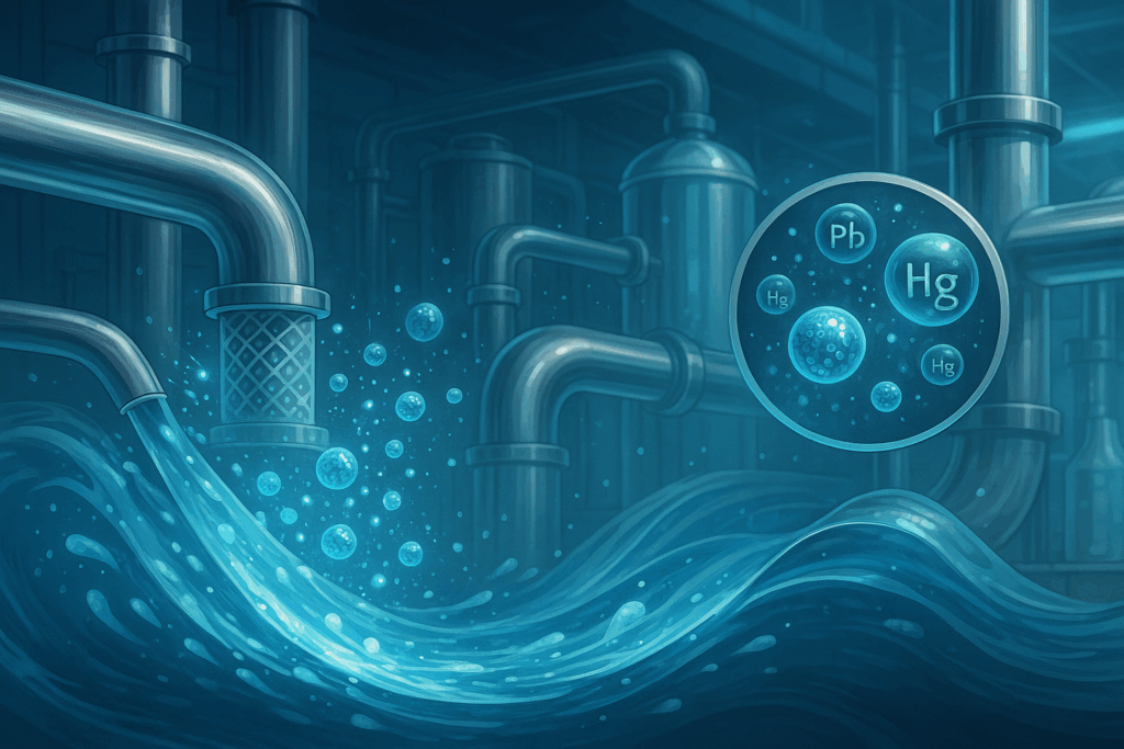 Realistyczna ilustracja przemysłowego oczyszczania ścieków z użyciem nanotechnologii, z rurami, membranami i nanocząstkami, bez postaci ludzkich.