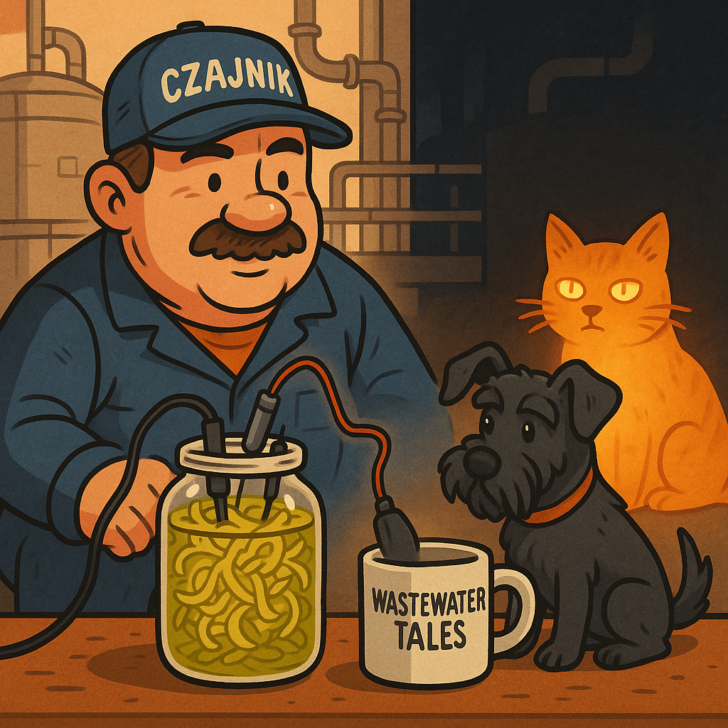 Zdzichu trzyma słoik kiszonych ogórków z przewodami, obok świecący kot Felek i czarny pies sznaucer miniaturka, na tle oczyszczalni, ilustracja kreskówkowa.