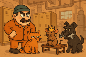 Zdzichu, kot Felek i czarny sznaucer miniaturka spotykają się z nornicą królem w szatni oczyszczalni – ilustracja w stylu kreskówki