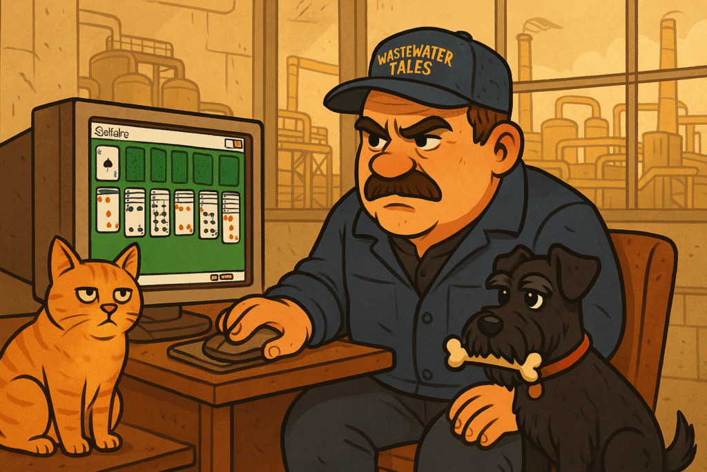 kreskówkowa scena w sterowni oczyszczalni; Zdzichu z wąsem gra w pasjansa na ekranie SCADA, obok rudy kot Felek i czarny sznaucer miniaturka w industrialnym tle